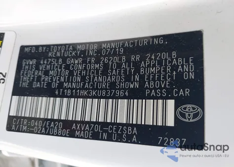 2019 Toyota Camry Se из США, поврежденный, VIN 4T1B11HK3KU837964